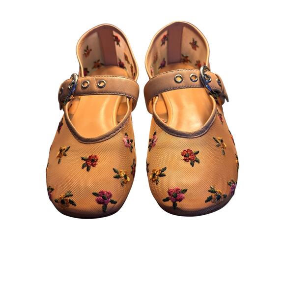 Reformation Floral Embroidered Mesh Mary Jane Flats Beige Buckle Ballet Shoes 6 - Picture 1 of 8